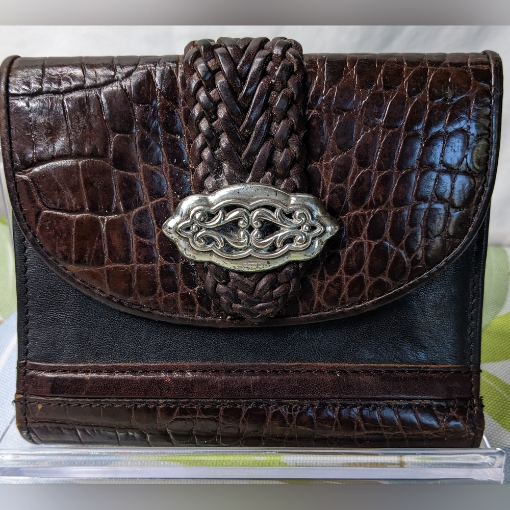 Brighton Croco Embossed Mahogany And Smooth Black Leather Foldover Snap Wallet